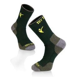 Skarpety trekkingowe z wełny merynosów ciemnozielone. Zielone skarpetki damskie TRY TO FLY, bez wzorów, z wełny. Za 85.82 zł.