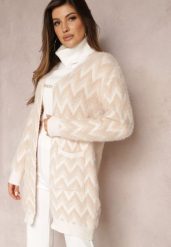 Beżowy Niezapinany Kardigan o Przedłużonym Fasonie w Zygzaki Chevron Oherna. Brązowe kardigany damskie Renee, bez wzorów, z tkaniny. Za 99.99 zł.