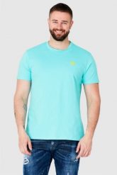 GUESS Turkusowy t-shirt męski z żółtym logo. Niebieskie t-shirty męskie Guess, m, z aplikacjami, bez kołnierzyka. W wyprzedaży za 99.99 zł.