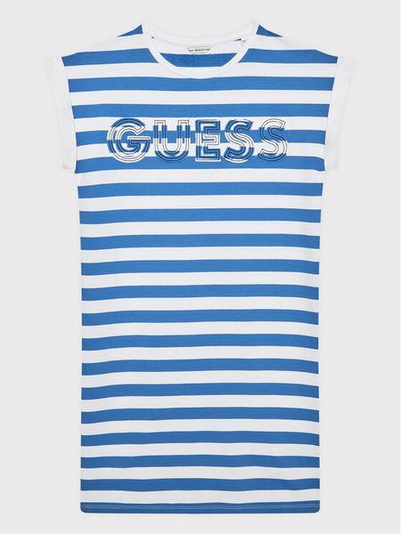 Guess Sukienka letnia J3GK21 KBOR3 Niebieski Regular Fit. Niebieskie sukienki dziewczęce Guess, na lato, z aplikacjami, z bawełny, bez ramiączek. Za 139.99 zł.