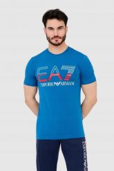 EA7 T-shirt męski niebieski z dużym logo. Niebieskie t-shirty męskie EA7 Emporio Armani, m, bez wzorów, bez kołnierzyka. W wyprzedaży za 249.99 zł.