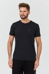 GUESS Czarny t-shirt New Tech Str T. Czarne t-shirty męskie Guess, l, z aplikacjami, bez kołnierzyka. W wyprzedaży za 182.99 zł.
