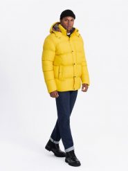 Kurtka męska typu puffer z podszewką w kratę – żółta V3 OM-JAHP-0205 - XXL. Żółte kurtki męskie Ombre Clothing, l, z aplikacjami, z bawełny, bez kaptura. W wyprzedaży za 199.99 zł.
