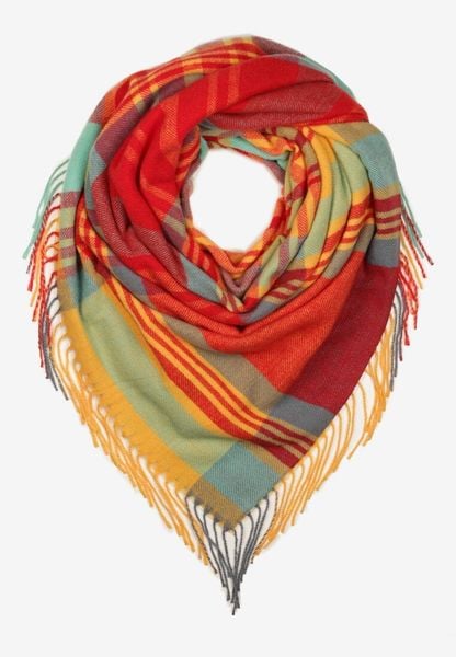 Czerwono-Żółty Szalik z Bawełny i Wiskozy Ozdobiony Klasyczną Kratą i Frędzlami Nerifla. Czerwone szaliki i kominy damskie Born2be, na jesień, bez wzorów, z bawełny. Za 39.99 zł.