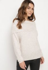 Beżowy Sweter z Wełną Wiskozą i Wywiniętym Dekoltem Ravarina. Brązowe swetry klasyczne damskie Born2be, m, z jeansu, bez kołnierzyka. Za 89.99 zł.
