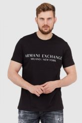 ARMANI EXCHANGE Czarny t-shirt męski z aplikacją z logo. Czarne t-shirty męskie Armani Exchange, l, z aplikacjami, prążkowane, bez kołnierzyka. W wyprzedaży za 121.99 zł.