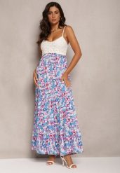 Niebieska Wiskozowa Sukienka Maxi o Rozkloszowanym kroju na Cienkich Ramiączkach w Kwiaty Netela. Niebieskie sukienki damskie Renee, m, bez wzorów, z wiskozy, bez kołnierzyka, bez ramiączek, maxi, rozkloszowane. Za 54.99 zł.