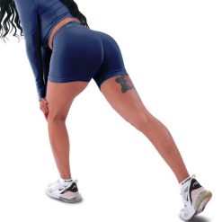 Techniczne szorty z efektem push-up i idealną sylwetką. Niebieskie spodenki sportowe damskie R-EVENGE, m, z elastanu, na fitness i siłownię. Za 131.89 zł.