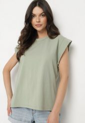 Zielony Bawełniany Top z Falbanką przy Ramionach Galantia. Zielone topy damskie Born2be, s, bez wzorów, z bawełny, bez kołnierzyka. Za 59.99 zł.