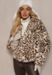 Beżowa Kurtka Futerko w Panterkowy Print z Szerokim Kołnierzem Nalorienne. Brązowe kurtki damskie Renee, m, bez wzorów, z futra, bez kaptura. Za 269.99 zł.