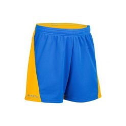 Spodenki do siatkówki V100 chłopięce niebiesko-żółte. Niebieskie szorty męskie ALLSIX, z materiału, bez kołnierzyka. Za 24.99 zł.