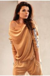 Welurowa Damska Bluza z Taśmą - Beżowa. Brązowe bluzy bez kaptura damskie Awama, l, z elastanu. Za 232.90 zł.