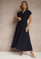 Granatowa Koszulowa Sukienka z Krótkim Rękawem Wiązana w Talii Nalumea. Niebieskie sukienki damskie Renee, na co dzień, m, bez wzorów, eleganckie, bez kołnierzyka, bez ramiączek, maxi, koszulowe. W wyprzedaży za 59.49 zł.