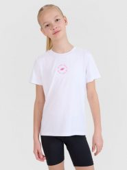 4F T-shirt sportowy regular gładki dziewczęcy - biały 134/140 (8-10 lat). Białe koszulki dziewczęce 4f, bez wzorów, bez ramiączek. W wyprzedaży za 29.99 zł.