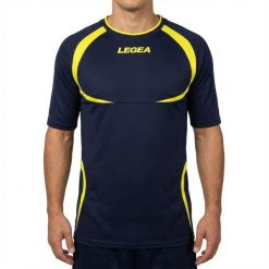 Męska koszulka do biegania z krótkim rękawem oddychająca niebiesko-żółta. Niebieskie t-shirty sportowe męskie Legea, m, z bawełny, bez ramiączek, do biegania. Za 48.00 zł.