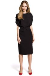 Czarna Koktajlowa Sukienka Typu Kimono z Zakładkami. Czarne sukienki damskie MOE, l, bez wzorów, z elastanu, wizytowe, bez kołnierzyka, bez ramiączek. Za 223.90 zł.
