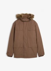 Ocieplana parka z polarową podszewką i odpinanym kapturem. Brązowe parki męskie bonprix, m, bez wzorów, z polaru. Za 399.99 zł.