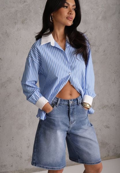Niebieskie Szorty Jeansowe z Bawełny Jorts High Waist Sirenora. Niebieskie szorty damskie Renee, bez wzorów, z bawełny, z podwyższonym stanem. Za 79.99 zł.