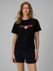 4F T-shirt loose z nadrukiem damski - czarny L. Czarne t-shirty damskie 4f, l, bez wzorów, z bawełny, bez kołnierzyka. Za 69.99 zł.