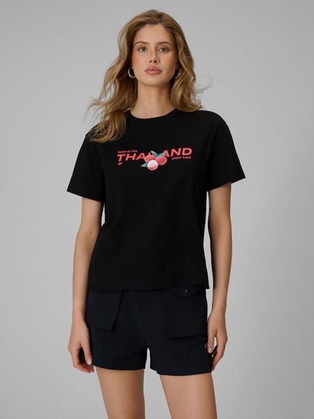 4F T-shirt loose z nadrukiem damski - czarny L. Czarne t-shirty damskie 4f, l, bez wzorów, z bawełny, bez kołnierzyka. Za 69.99 zł.