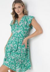 Zielona Sukienka Rozkloszowana z Falbankami Pillia. Zielone sukienki damskie Born2be, na imprezę, m, bez wzorów, bez kołnierzyka, bez ramiączek, mini, kopertowe. W wyprzedaży za 63.99 zł.