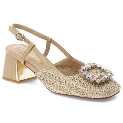 Czółenka damskie Alma En Pena, z zabudowanym przodem wykonane z plecionego materiału osadzone na stabilnym obcasie z regulowanym paskiem wokół kostki. Brązowe czółenka damskie Alma En Pena, z aplikacjami, bez obcasa. Za 559.00 zł.