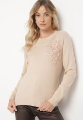 Ciemnobeżowy Sweter z Koronkowymi Wstawkami z Bawełną Deriera. Brązowe swetry klasyczne damskie Born2be, s, z bawełny, bez kołnierzyka. Za 69.99 zł.