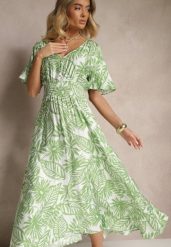 Zielona Sukienka z Gumką w Pasie Ozdobiona Roślinnym Wzorem Charina. Zielone sukienki damskie Renee, na lato, m, bez wzorów, z tkaniny, bez kołnierzyka, bez ramiączek, maxi, rozkloszowane. Za 69.99 zł.