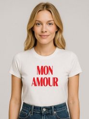 WOOOP Koszulka "Mon Amour" w kolorze kremowym rozmiar: XXL. Brązowe bluzki damskie Wooop, xxl, bez wzorów, z bawełny, bez kołnierzyka. Za 56.99 zł.