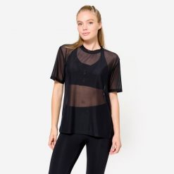 Koszulka fitness damska Domyos krótki rękaw. Czarne bluzki damskie DOMYOS, xs, bez wzorów, z elastanu, bez ramiączek. Za 69.99 zł.