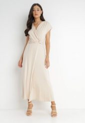 Jasnobeżowa Sukienka Kopertowa Chloriera. Brązowe sukienki damskie Born2be, na imprezę, m, bez wzorów, z tkaniny, eleganckie, bez kołnierzyka, bez ramiączek, maxi, kopertowe. W wyprzedaży za 119.99 zł.