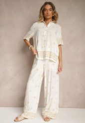 Biało-Beżowy Wiskozowy Komplet Oversize z Haftem Koszula i Spodnie Iffussa. Białe koszule damskie Renee, bez wzorów, z materiału, eleganckie. Za 109.99 zł.