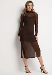 Brązowa Prześwitująca Sukienka Siateczkowa z Halką Kuma. Brązowe sukienki damskie Born2be, l, bez wzorów, z tkaniny, eleganckie, bez kołnierzyka, bez ramiączek, midi. W wyprzedaży za 127.99 zł.