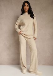 Beżowy Komplet z Wełną i Bawełną Szerokie Spodnie i Sweter o Długim Kroju Reilissa. Brązowe spodnie materiałowe damskie Renee, bez wzorów, z bawełny. Za 139.99 zł.