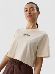 4F T-shirt crop top z nadrukiem damski - kremowy L. Brązowe t-shirty damskie 4f, l, bez wzorów, z bawełny, bez kołnierzyka. W wyprzedaży za 39.99 zł.