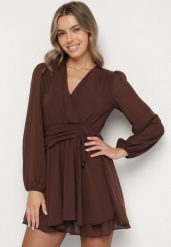 Brązowa Rozkloszowana Sukienka z Siateczki z Kopertowym Dekoltem Zenessa. Brązowe sukienki damskie Born2be, l, bez wzorów, z materiału, bez kołnierzyka, bez ramiączek, mini, kopertowe. Za 149.99 zł.