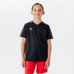 Koszulka piłkarska krótki rękaw Kipsta Essential. Niebieskie koszulki dziewczęce KIPSTA, m, bez wzorów, z dresówki, bez ramiączek. Za 19.99 zł.