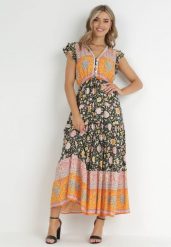 Czarno-Pomarańczowa Sukienka Maxi z Wiskozy w Stylu Boho Larres. Brązowe sukienki damskie Born2be, na imprezę, l, z aplikacjami, z wiskozy, boho, bez kołnierzyka, bez ramiączek, maxi. Za 89.99 zł.