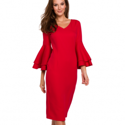 Sukienka na wesele elegancka midi z bufiastymi rękawami czerwona. Czerwone sukienki damskie Makover, na wesele, l, bez wzorów, eleganckie, bez kołnierzyka, bez ramiączek, midi, dopasowane. Za 289.00 zł.