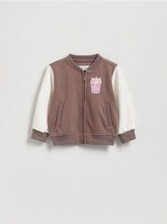 Bluza bomber z nadrukiem - brązowy. Brązowe bluzy i bluzki niemowlęce Reserved, bez wzorów, z bawełny, bez ramiączek, bez kaptura. Za 55.99 zł.