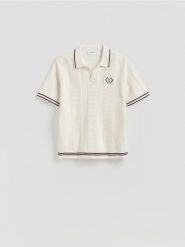 Sweter polo - złamana biel. Swetry męskie Reserved, l, bez wzorów, z bawełny, bez kołnierzyka. Za 139.99 zł.