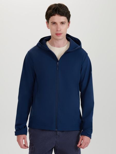 4F Kurtka softshell wiatroodporna membrana 5000 męska - granatowa S. Niebieskie kurtki męskie 4f, m, bez wzorów, z dzianiny, z kapturem. W wyprzedaży za 199.99 zł.