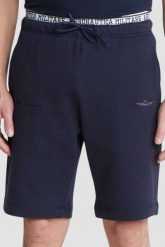 AERONAUTICA MILITARE Granatowe spodenki Bermuda. Niebieskie szorty męskie AERONAUTICA MILITARE, bez kołnierzyka. W wyprzedaży za 259.99 zł.