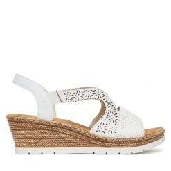 Sandały Rieker. Białe sandały damskie Rieker, bez wzorów, bez obcasa, na koturnie. Za 299.99 zł.