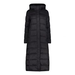 Długa kurtka puchowa z kapturem dla kobiet z efektem błyszczącym CMP. Czarne kurtki damskie CMP, bez wzorów, z puchu, z kapturem. W wyprzedaży za 592.15 zł.