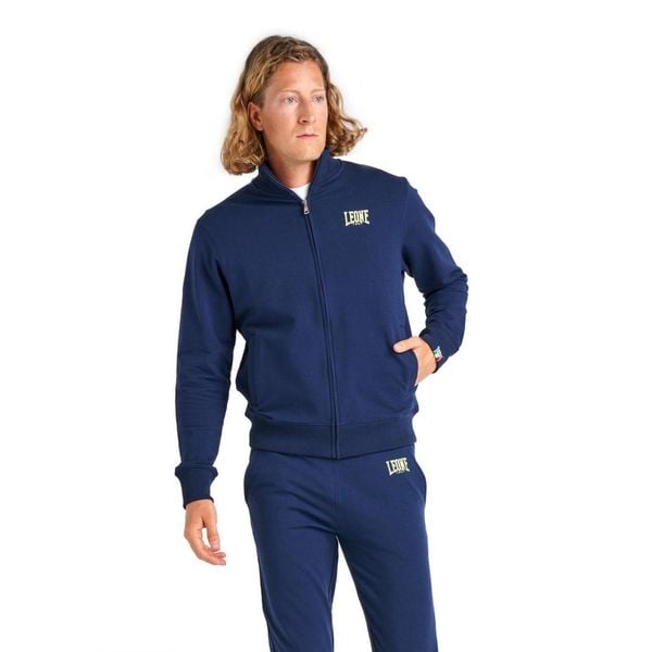 Bluza z zamek błyskawiczny na siłownia na czas wolny. Niebieskie bluzy bez kaptura męskie LEONE 1947 APPAREL, bez wzorów, z bawełny, sportowe, bez kołnierzyka, bez ramiączek. W wyprzedaży za 181.87 zł.