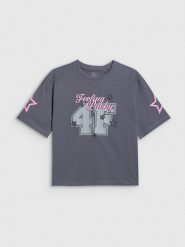 4F T-shirt loose z nadrukiem dziewczęcy - szary 158/164 (12-14 lat). Szare koszulki dziewczęce 4f, z aplikacjami, z bawełny, bez ramiączek. Za 59.99 zł.