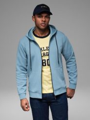Rozpinana dresowa bluza hoodie w stylu streetwearowym – jasnoniebieska V4 OM-SSZP-0213 - XXL. Niebieskie bluzy z kapturem męskie Ombre Clothing, l, z bawełny. Za 161.99 zł.