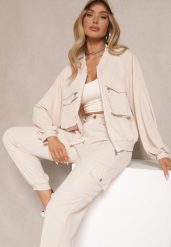 Beżowy Komplet Dresowy Cargo Spodnie i Bluza Zdobiona Imitacją Kieszeni Nolhira. Brązowe bluzy bez kaptura damskie Renee, l, z dresówki. Za 139.99 zł.