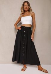 Czarna Wiskozowa Spódnica Rozkloszowana z Lnem Ozdobiona Guzikami Namsila. Czarne spódniczki damskie Renee, m, z aplikacjami, z bawełny, eleganckie, z podwyższonym stanem, maxi, koszulowe. Za 59.99 zł.